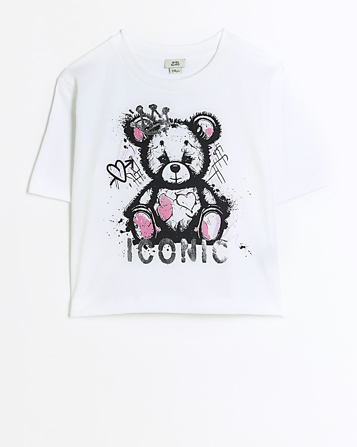 Girls white bear graffiti print t-shirt