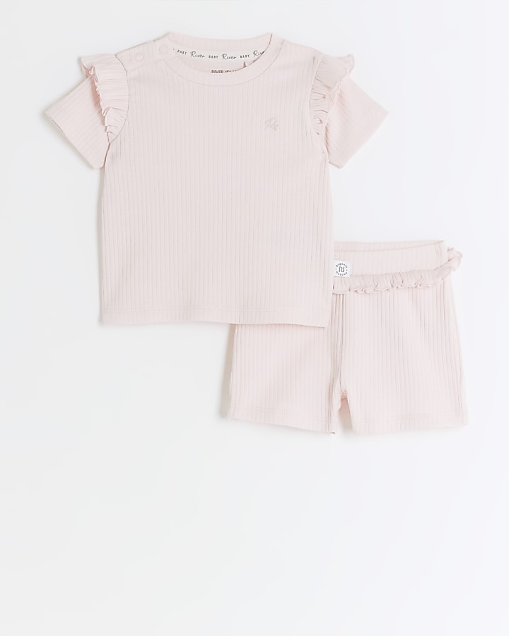 Baby girls pink frill rib shorts set