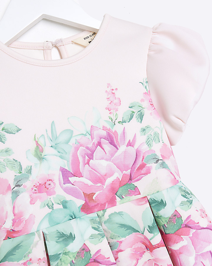 Mini girls pink floral puff sleeve dress