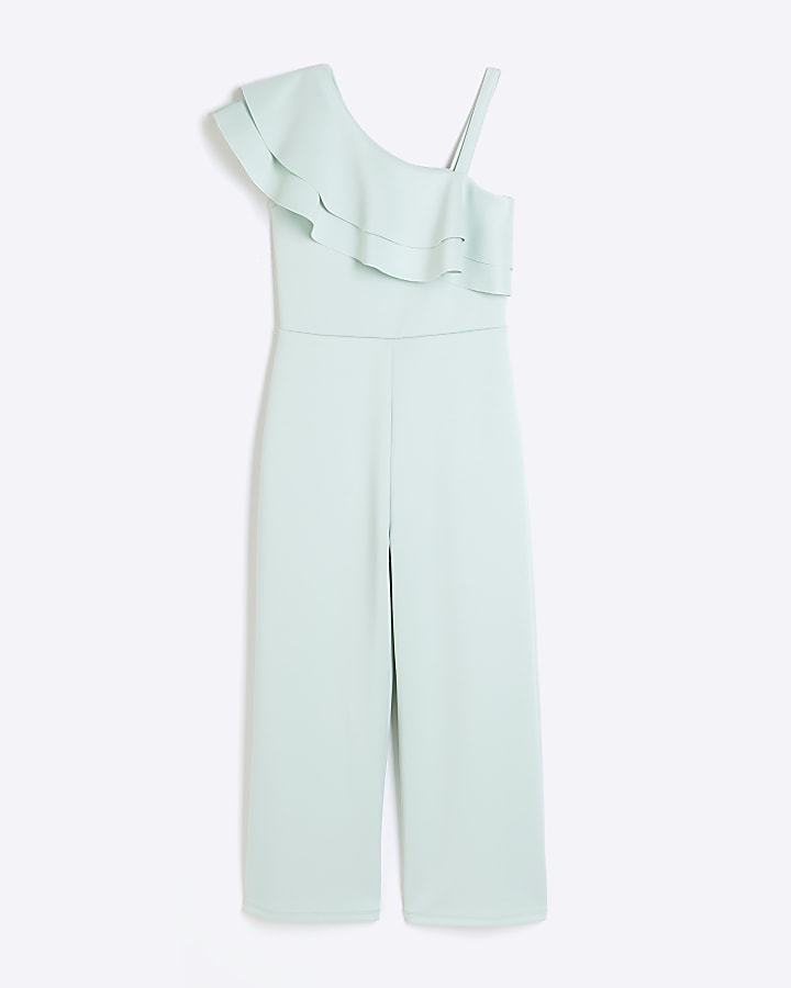 Girls green frill one shoulder jumpsuit