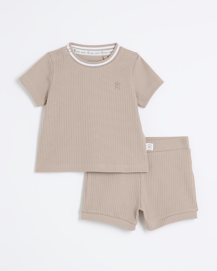 Baby boys beige ribbed t-shirt and shorts set