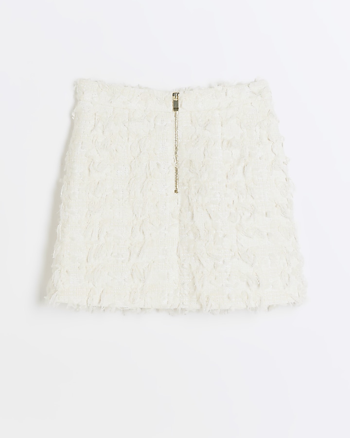Girls cream textured fringe skirt