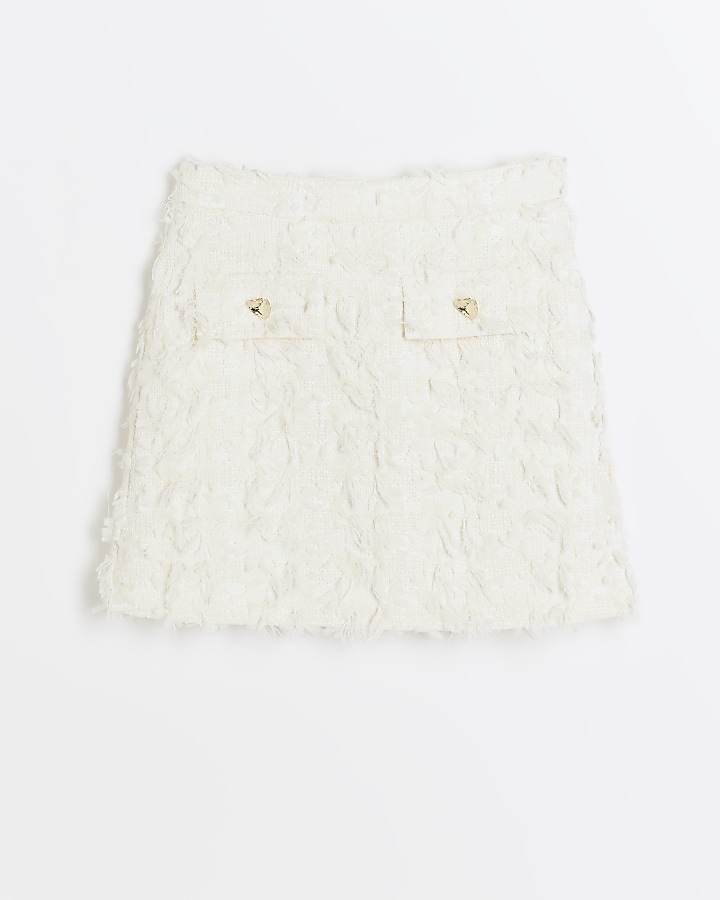 Girls cream textured fringe skirt