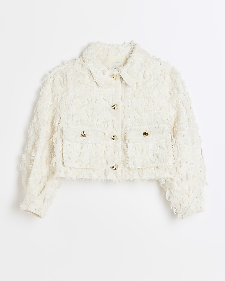 Girls cream textured fringe crop jacket