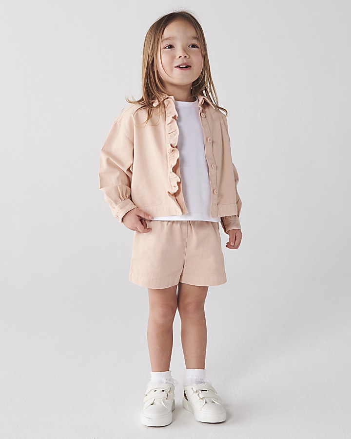 Mini girls coral frill shacket and shorts set