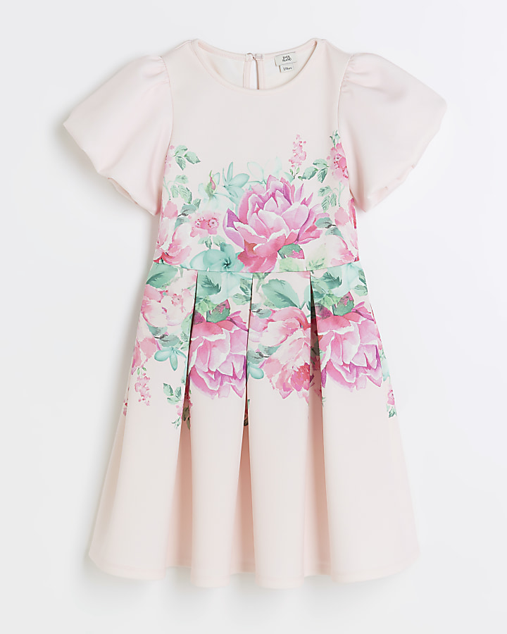 Girls pink floral puff sleeve dress