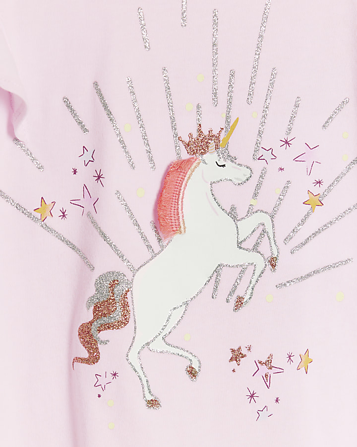 Mini girls pink unicorn frill t-shirt set