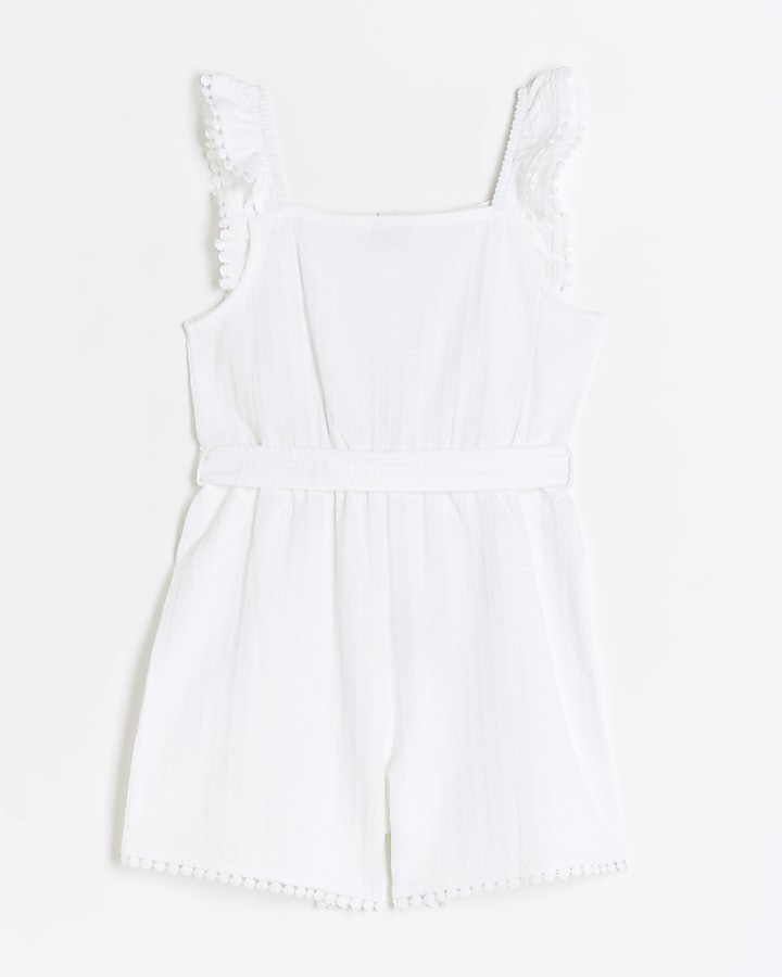 Girls white textured belted playsuit