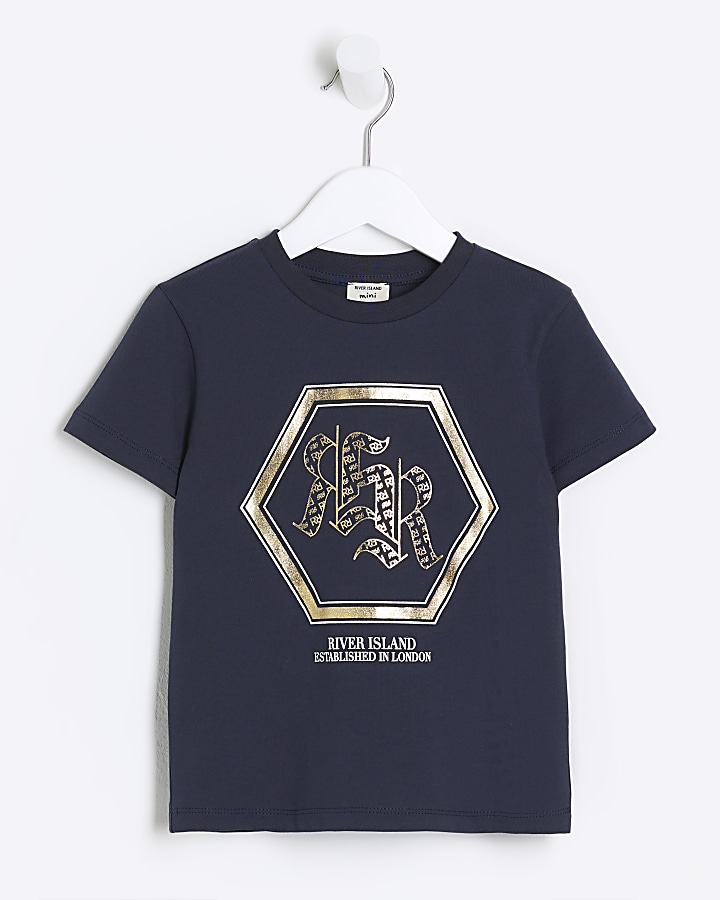Mini boys navy monogram graphic t-shirt
