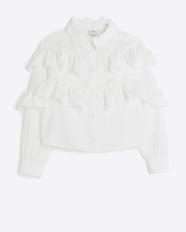 Girls white frill embroidered shirt