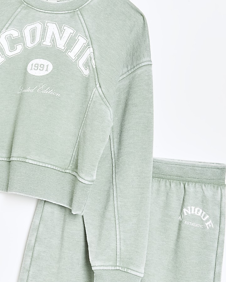 Girls green washed graphic sweatshirt set