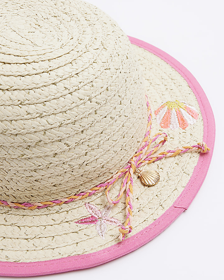 Mini girls beige embroidered shell straw hat