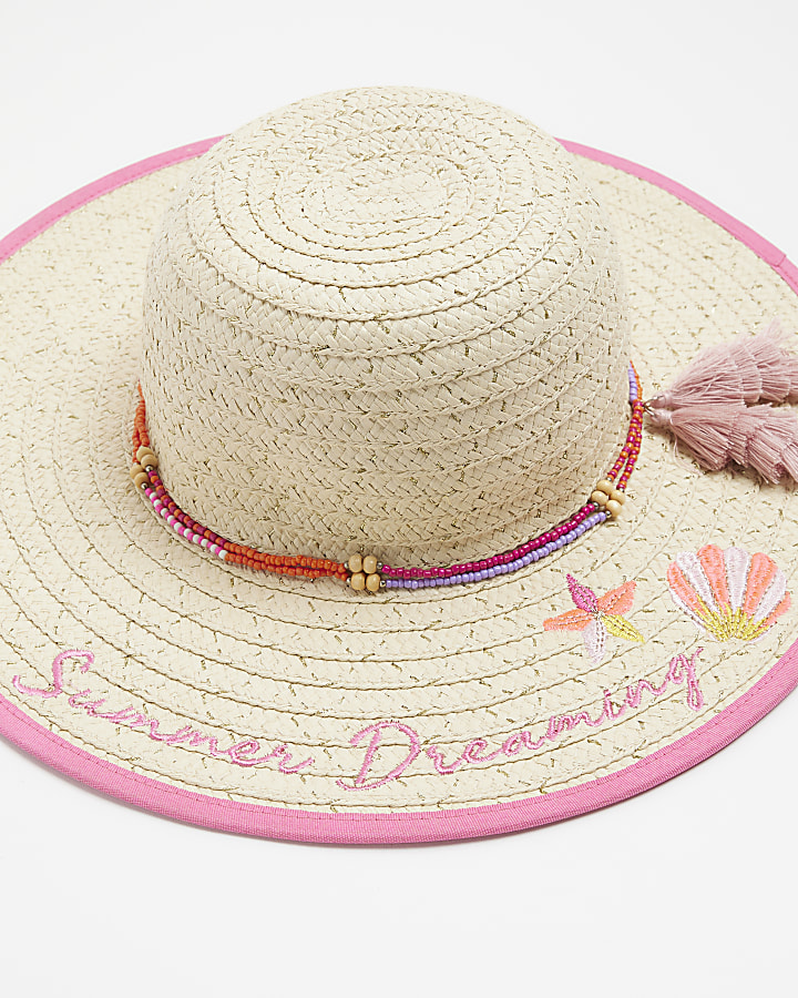 Girls Beige embroidered straw hat