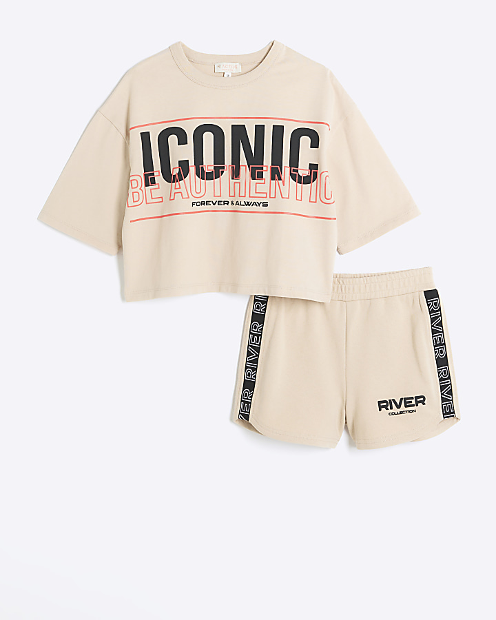 Girls beige RI Active t-shirt and shorts set