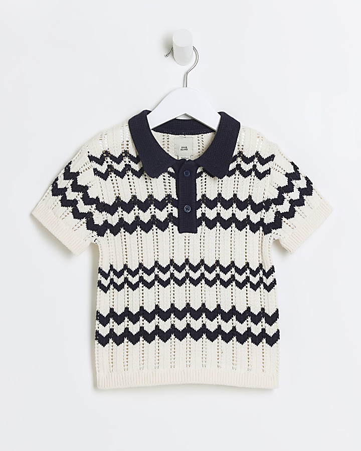 Mini boys ecru stripe crochet polo shirt