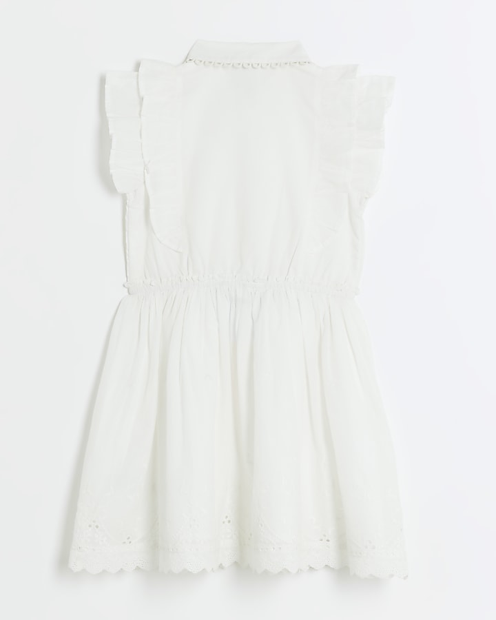 Girls white frill embroidered shirt dress