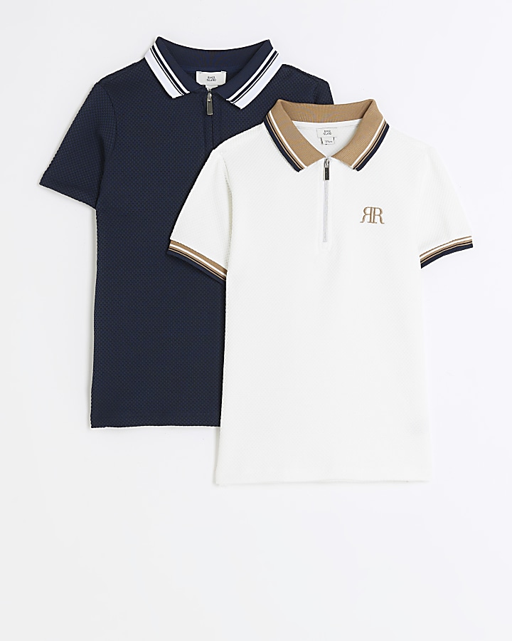 Boys navy textured polo shirts 2 pack