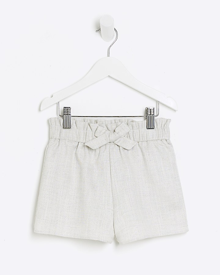 Mini girls cream linen blend bow shorts