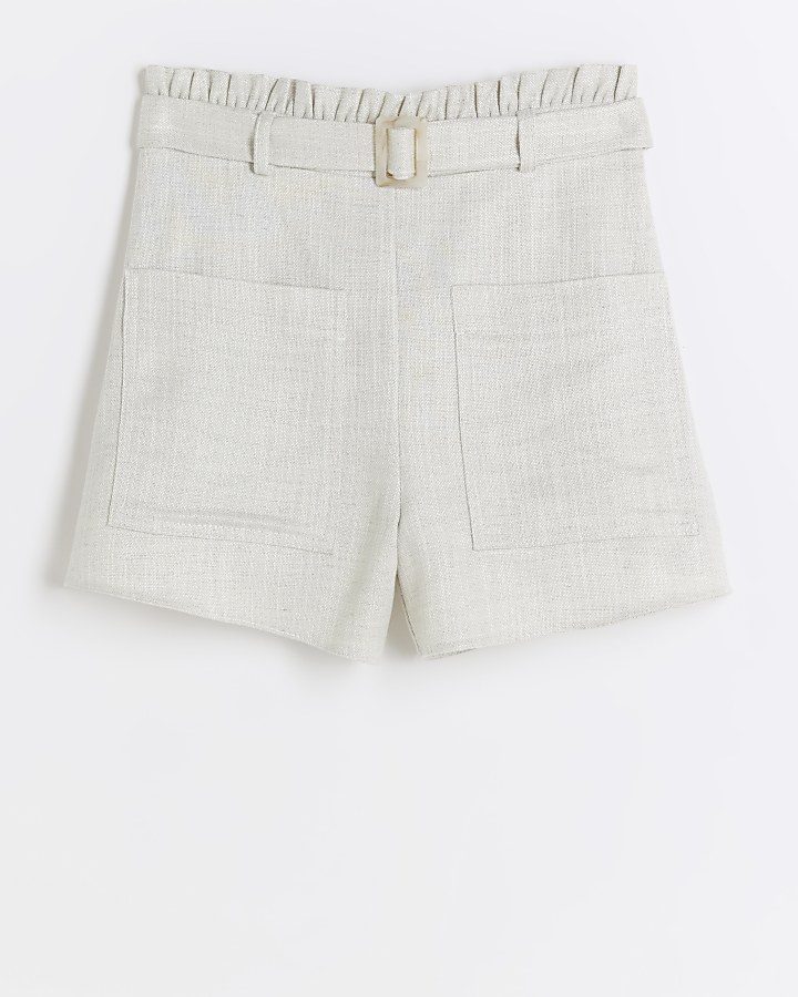 Girls cream linen blend belted shorts