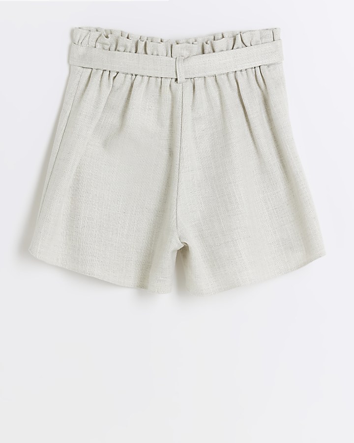 Girls cream linen blend belted shorts