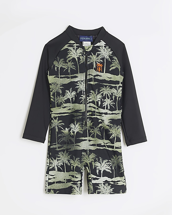 Mini boys black palm tree swim rash suit