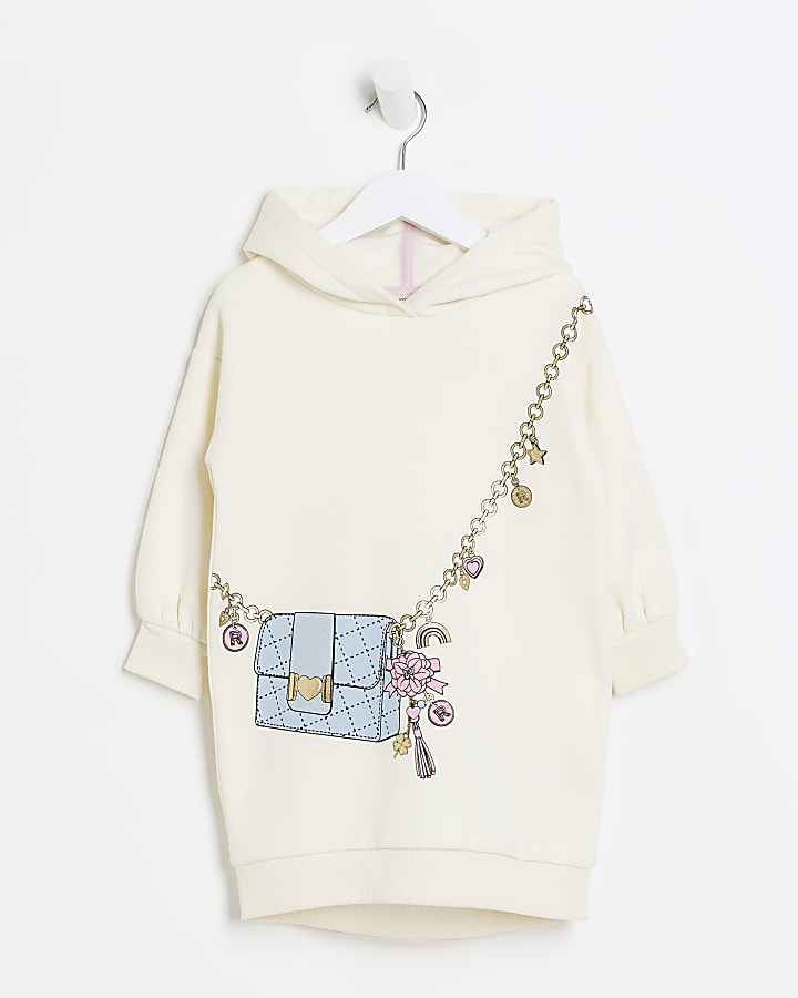 Mini girls cream bag graphic hooded dress