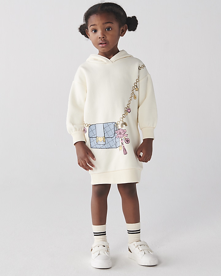 Mini girls cream bag graphic hooded dress