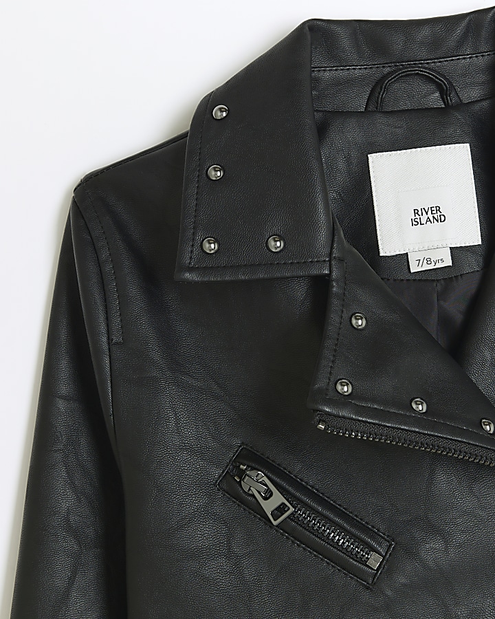 Girls black faux leather studded biker jacket