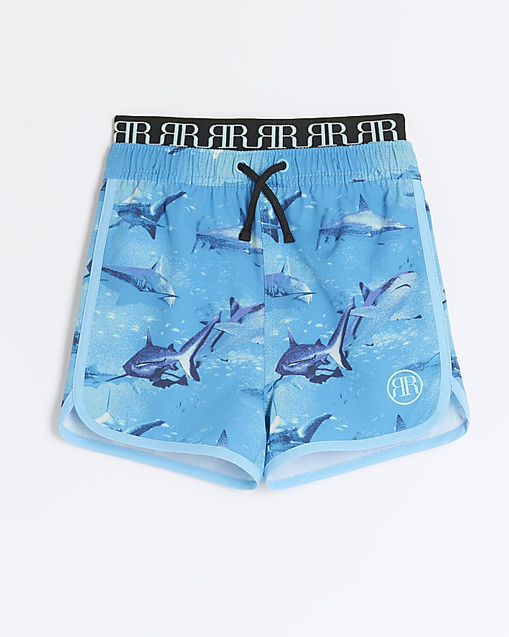 Mini boys blue shark swim shorts