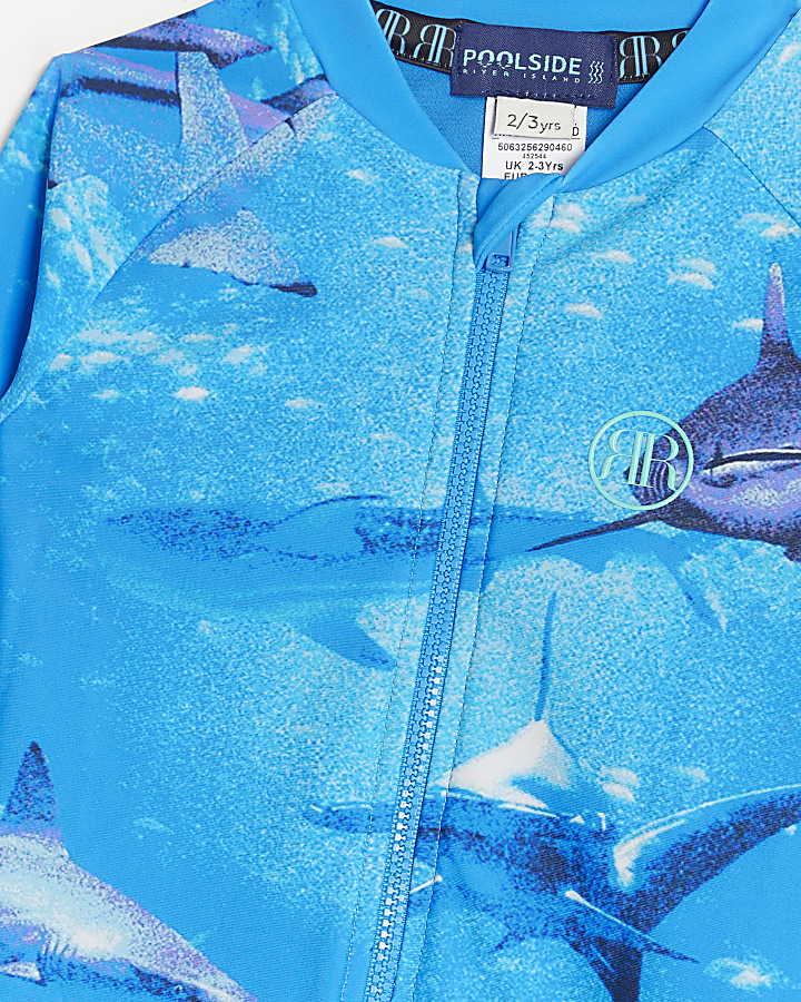 Mini boys blue shark swim rash suit and hat