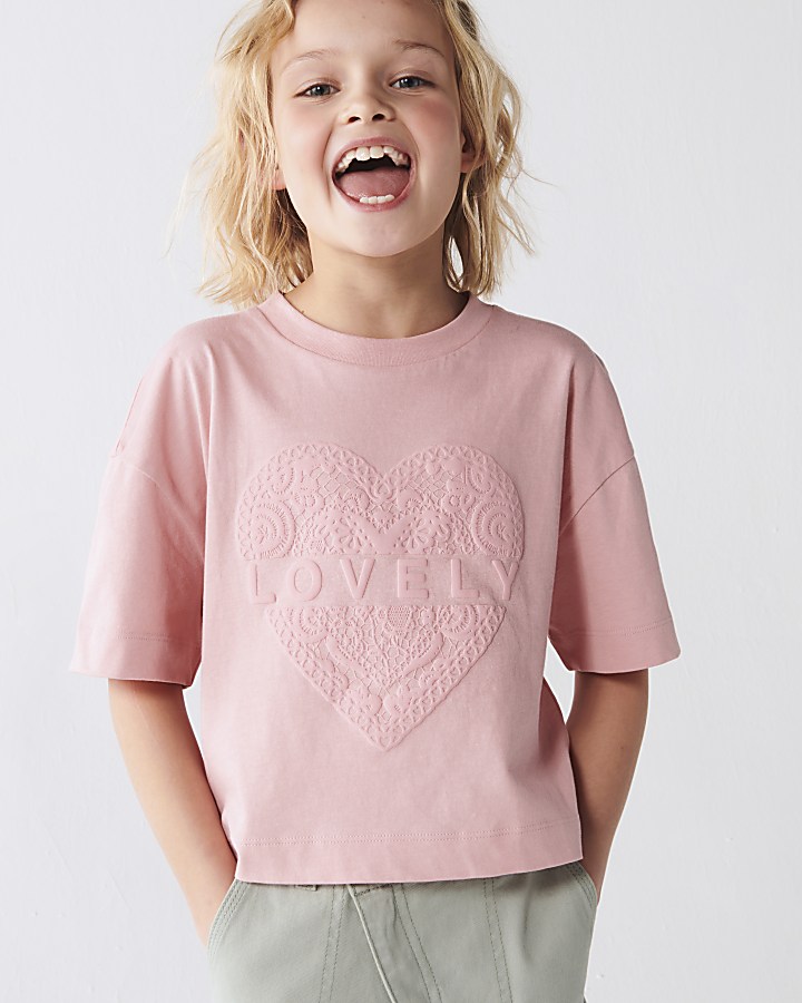 Girls coral embossed heart t-shirt