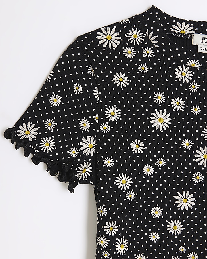 Girls black floral crop t-shirt