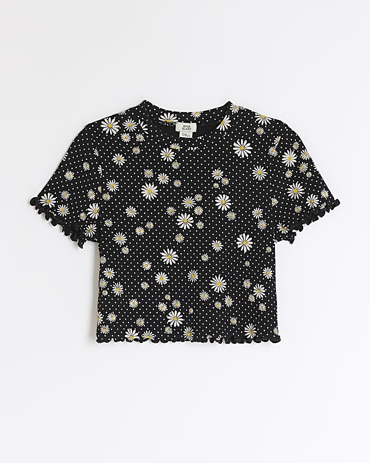 Girls black floral crop t-shirt