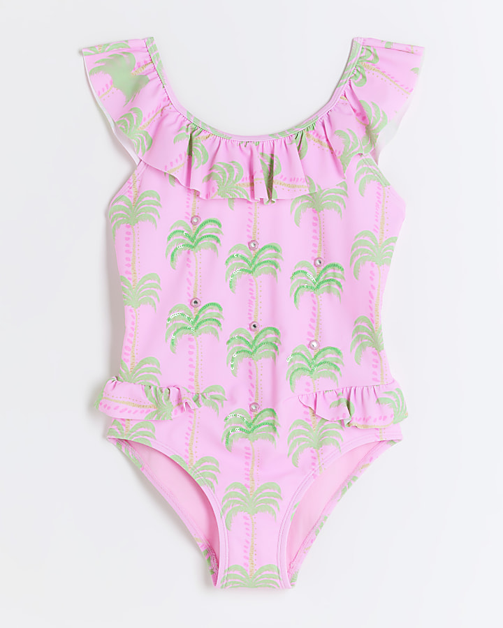 Girls pink palm frill swimsuit