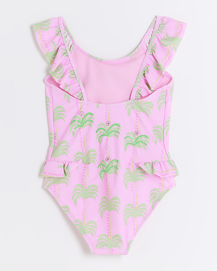 Girls pink palm frill swimsuit | River Island