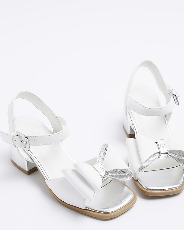 Girls white diamante bow heel sandals