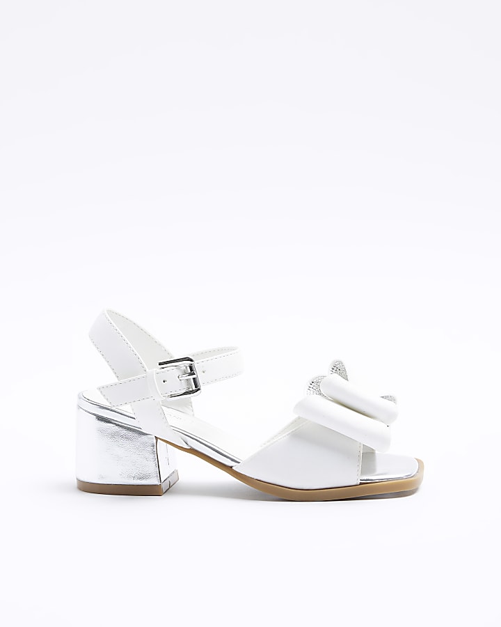 Girls white diamante bow heel sandals