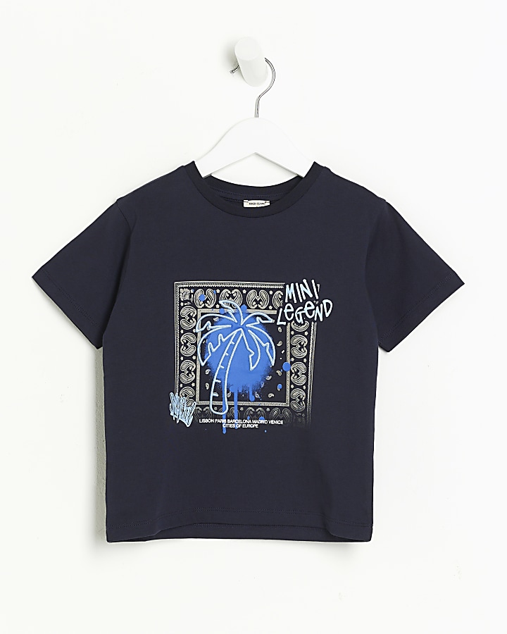 Mini boys navy palm tree graphic t-shirt