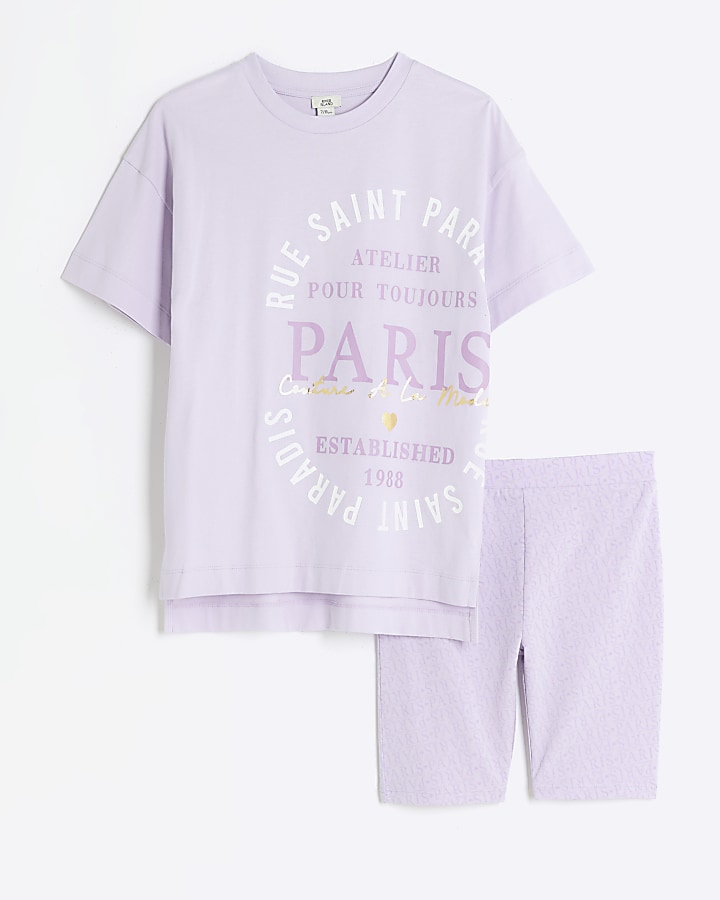 Girls purple Paris graphic t-shirt set