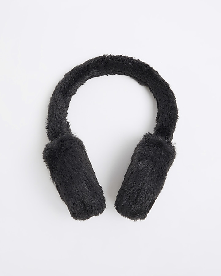 Girls black Heart Faux Fur RI Earmuffs River Island