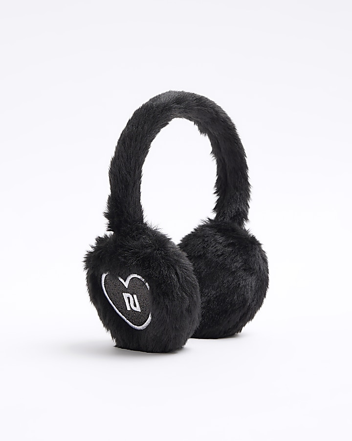 Girls black Heart Faux Fur RI Earmuffs River Island