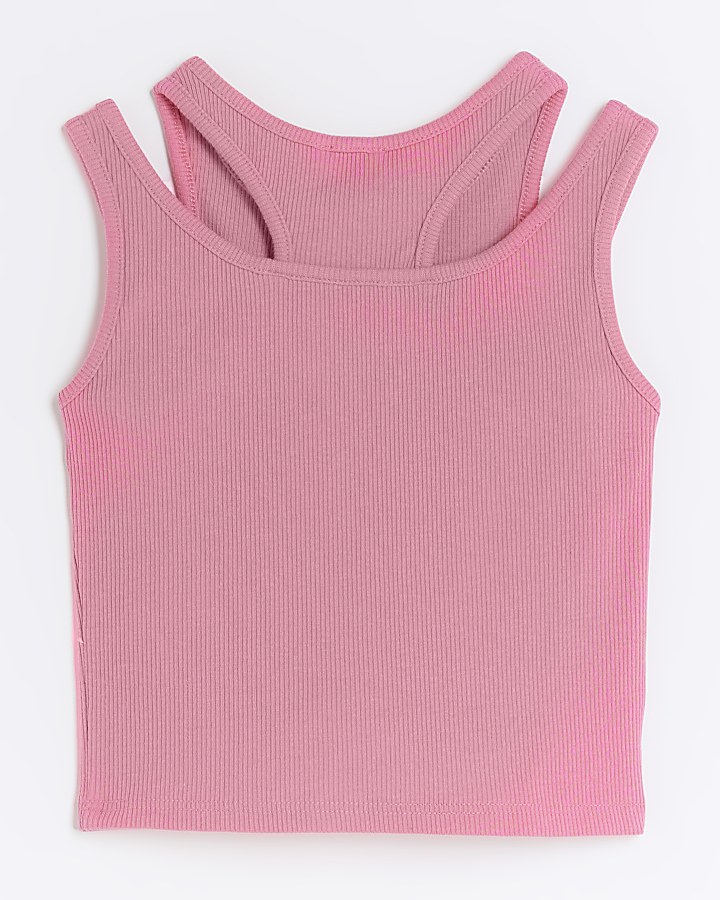 Girls pink 2 in 1 ribbed tank top | River Island