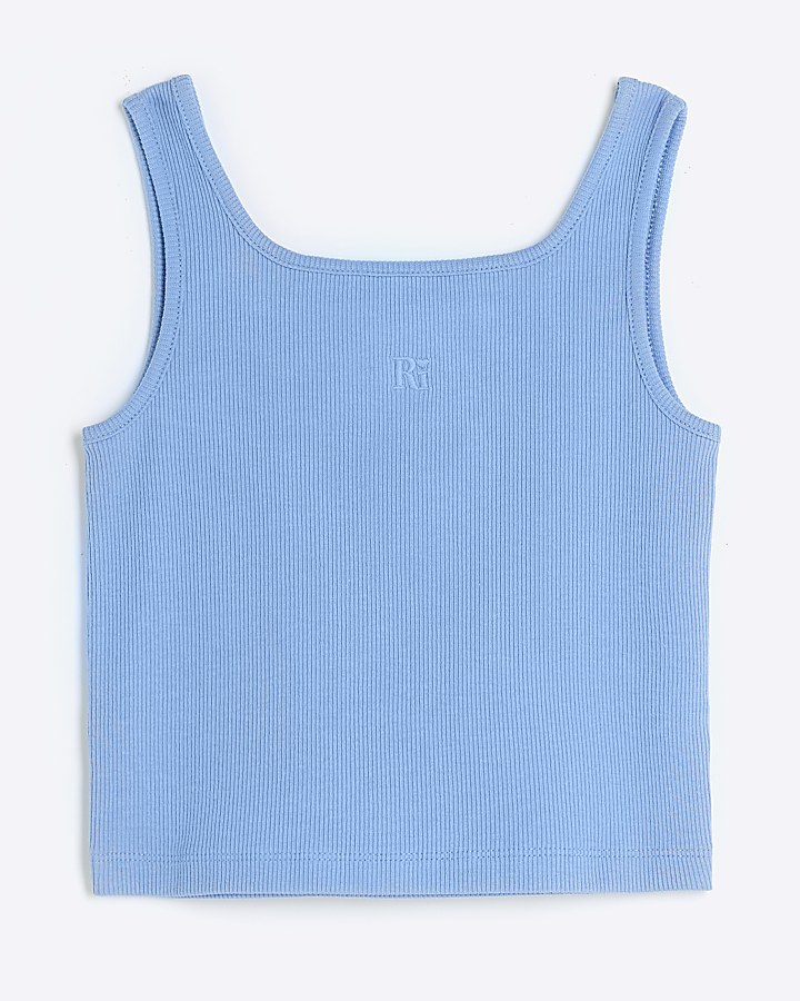 Girls blue ribbed embroidered logo crop vest
