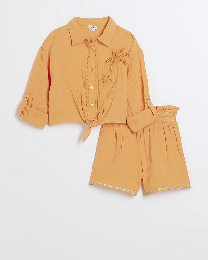 Girls orange palm tree shirt and shorts set