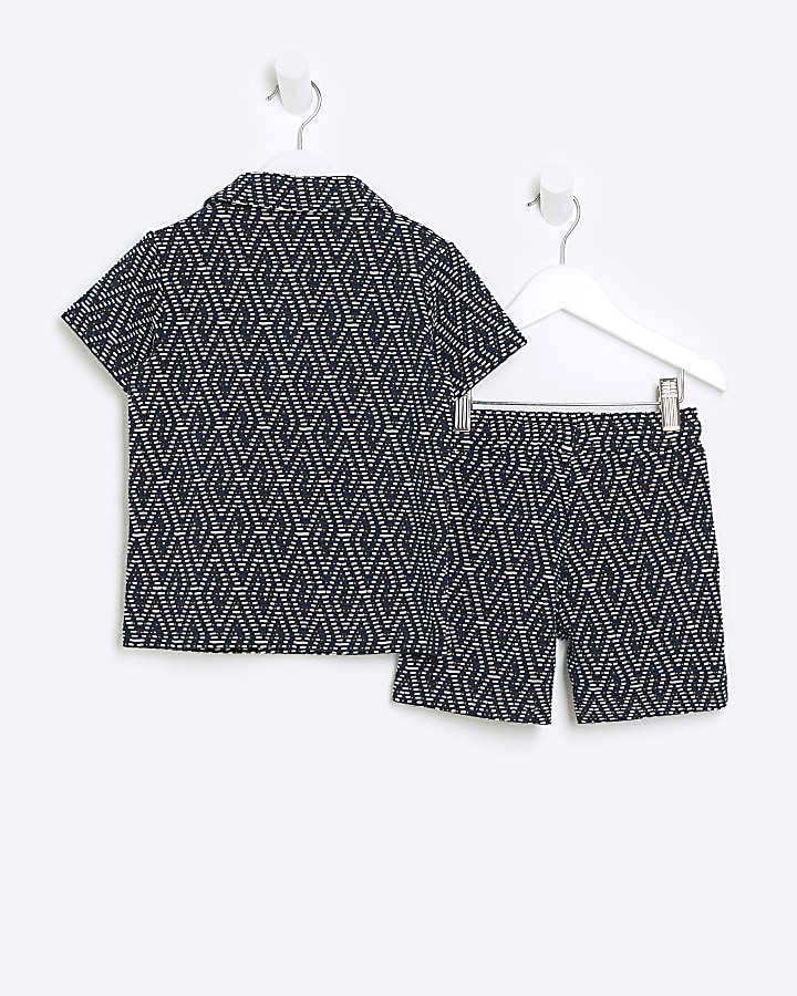 Mini boys navy textured geometric polo set