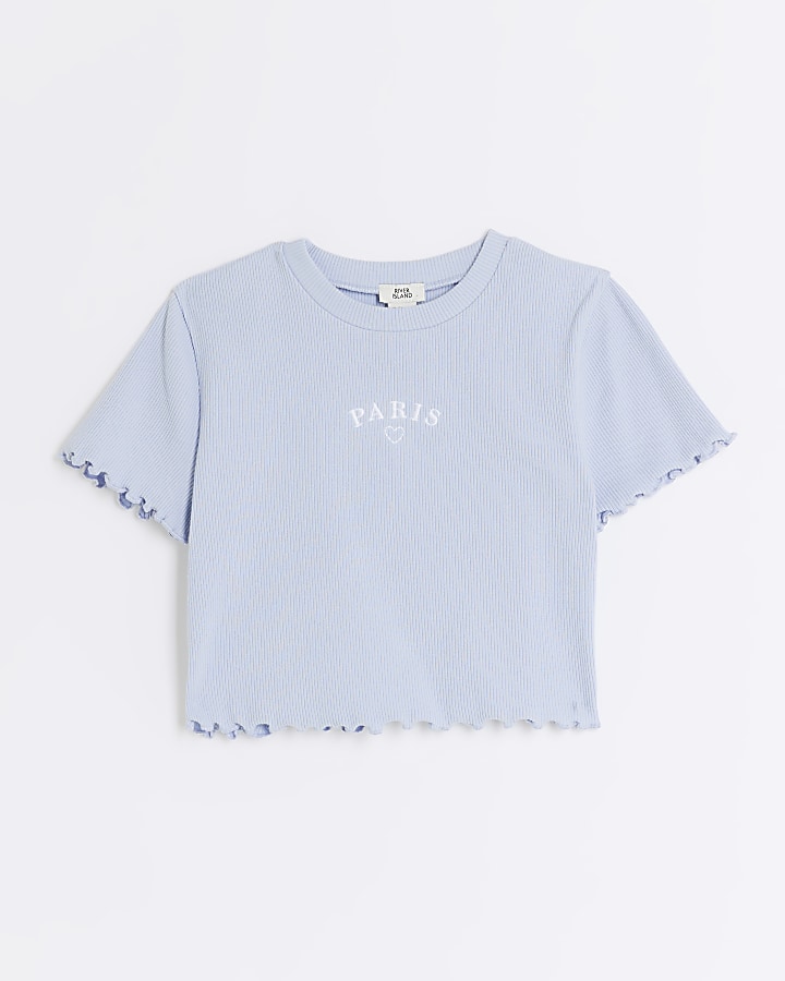 Girls blue embroidered logo crop t-shirt