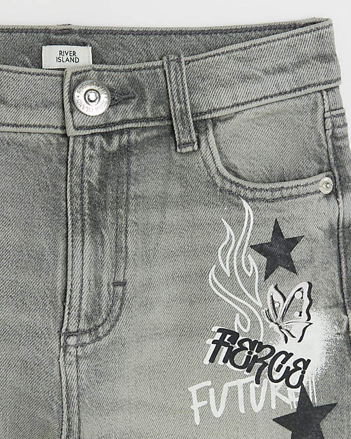 Girls grey straight graffiti jeans