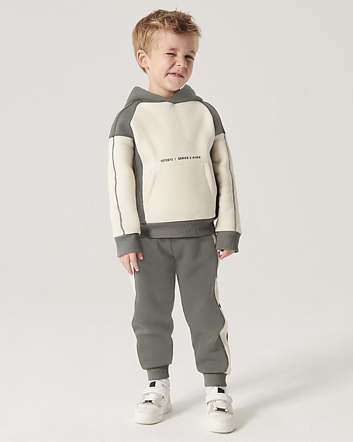 Mini boys ecru colour block hoodie set