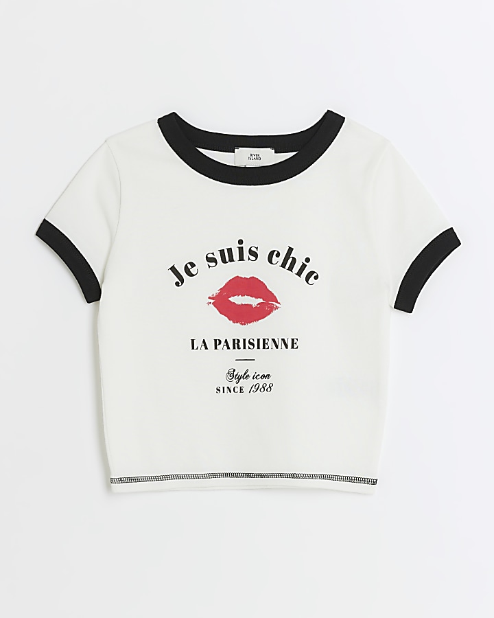 Girls white lips graphic crop t-shirt