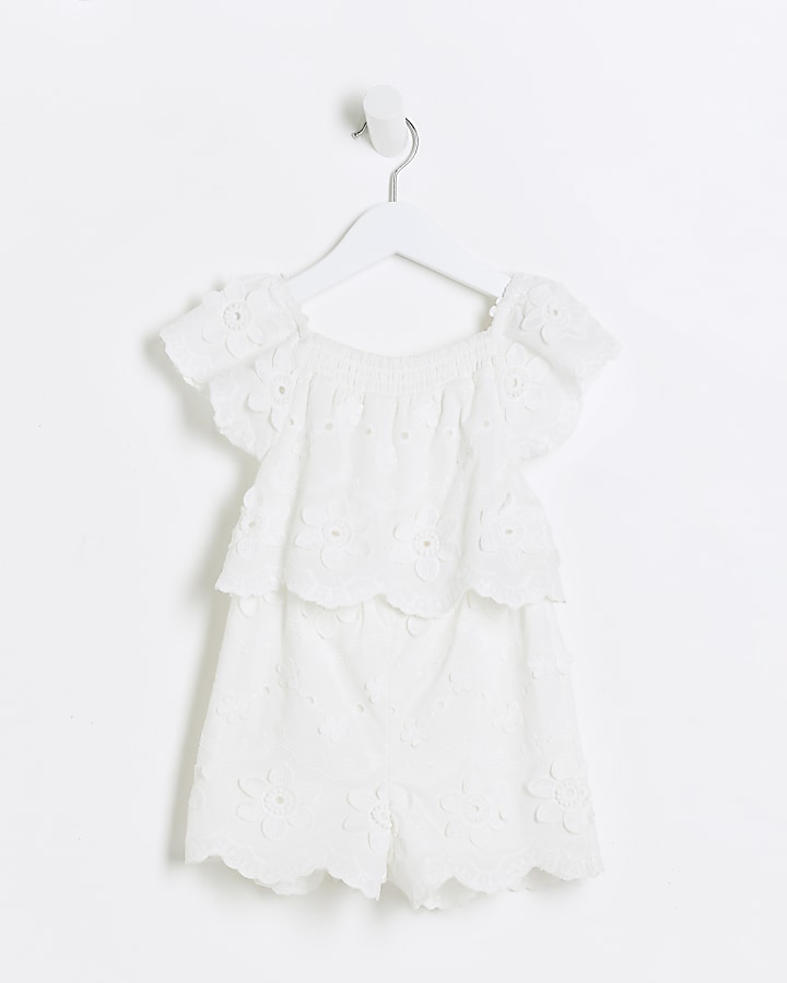Mini Girls White Broderie floral Playsuit
